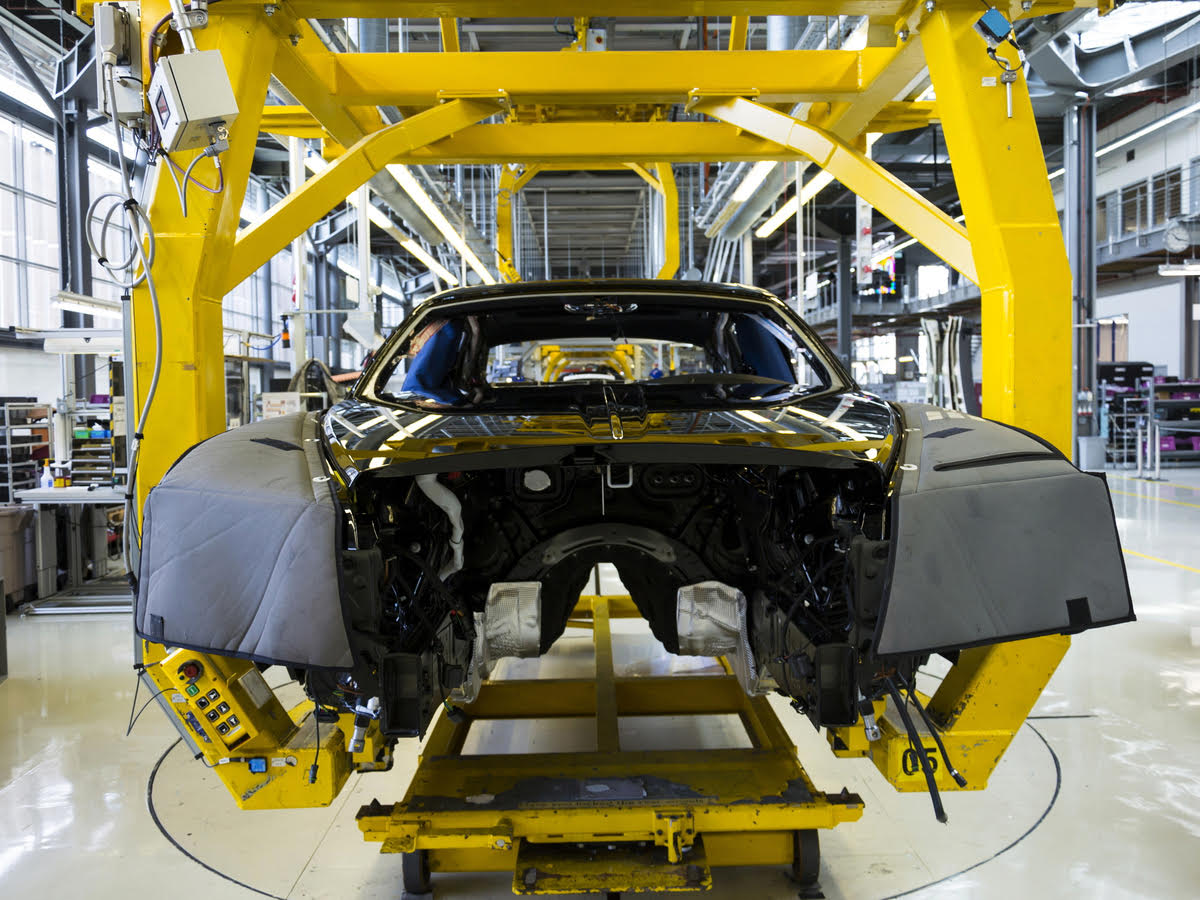 frame of car on an assembly line of auto plant