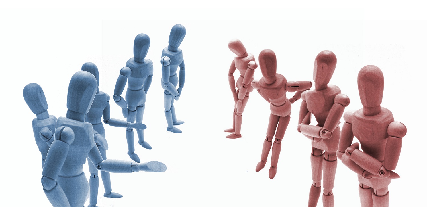 blue and red human-like figurines facing each other in various poses