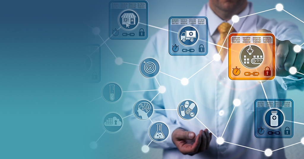 Healthcare Transformation. Modern medical supply chain icons hovering around a doctor