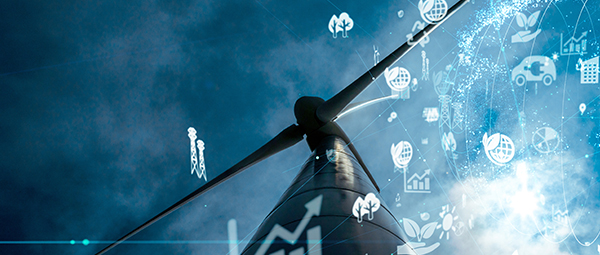 Low angle shot of modern wind turbine with decorative sustainability icons