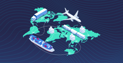 Supply Chain Illustration including freight trains, airplanes, lorry and cargo ship